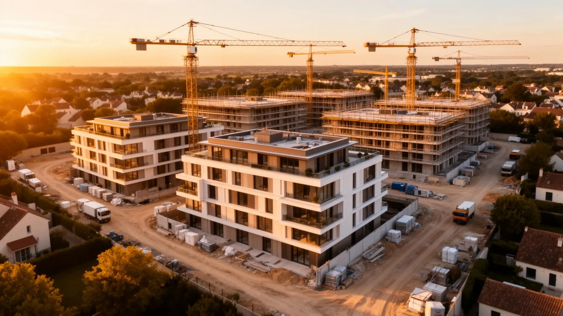 Vue aérienne d'un chantier de promotion immobilière au coucher du soleil — plusieurs immeubles résidentiels neufs en cours de construction avec grues à tour