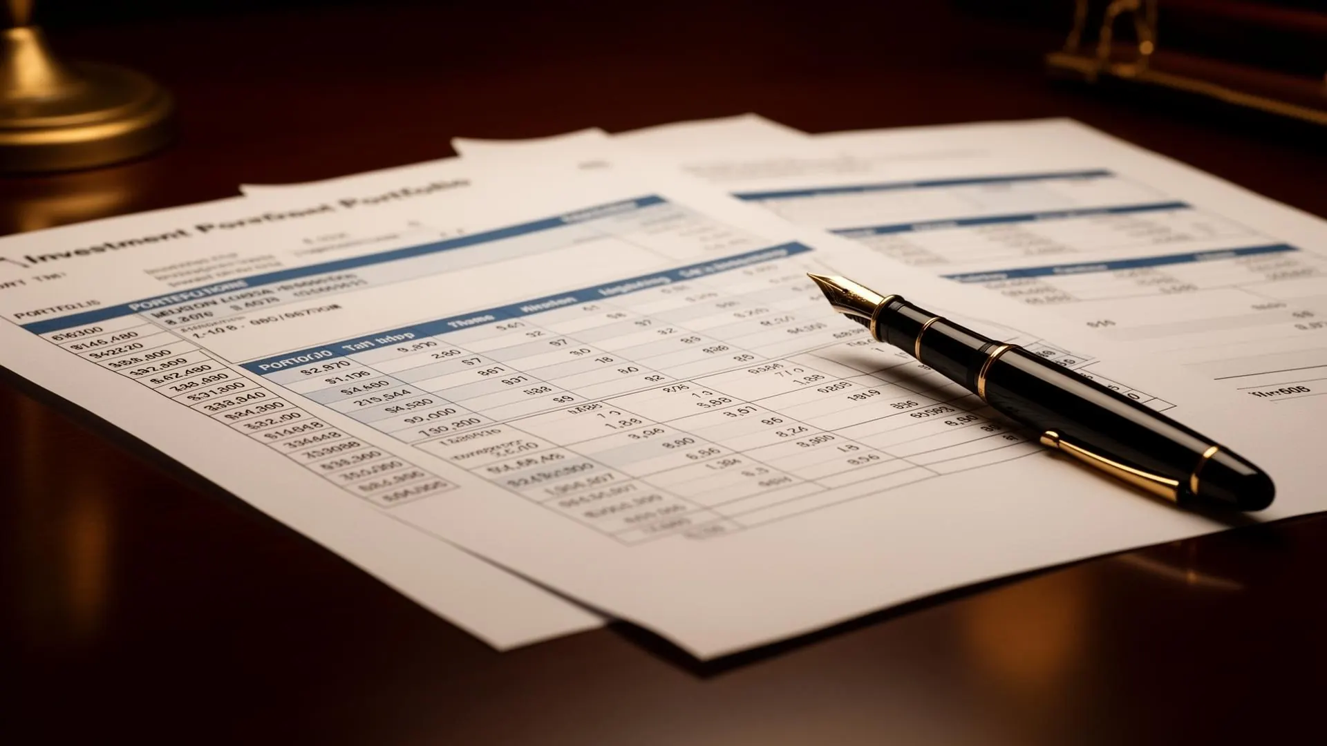 Documents financiers d'un portefeuille d'investissement et stylo plume noir posés sur un bureau en bois sombre — analyse d'un dossier obligataire