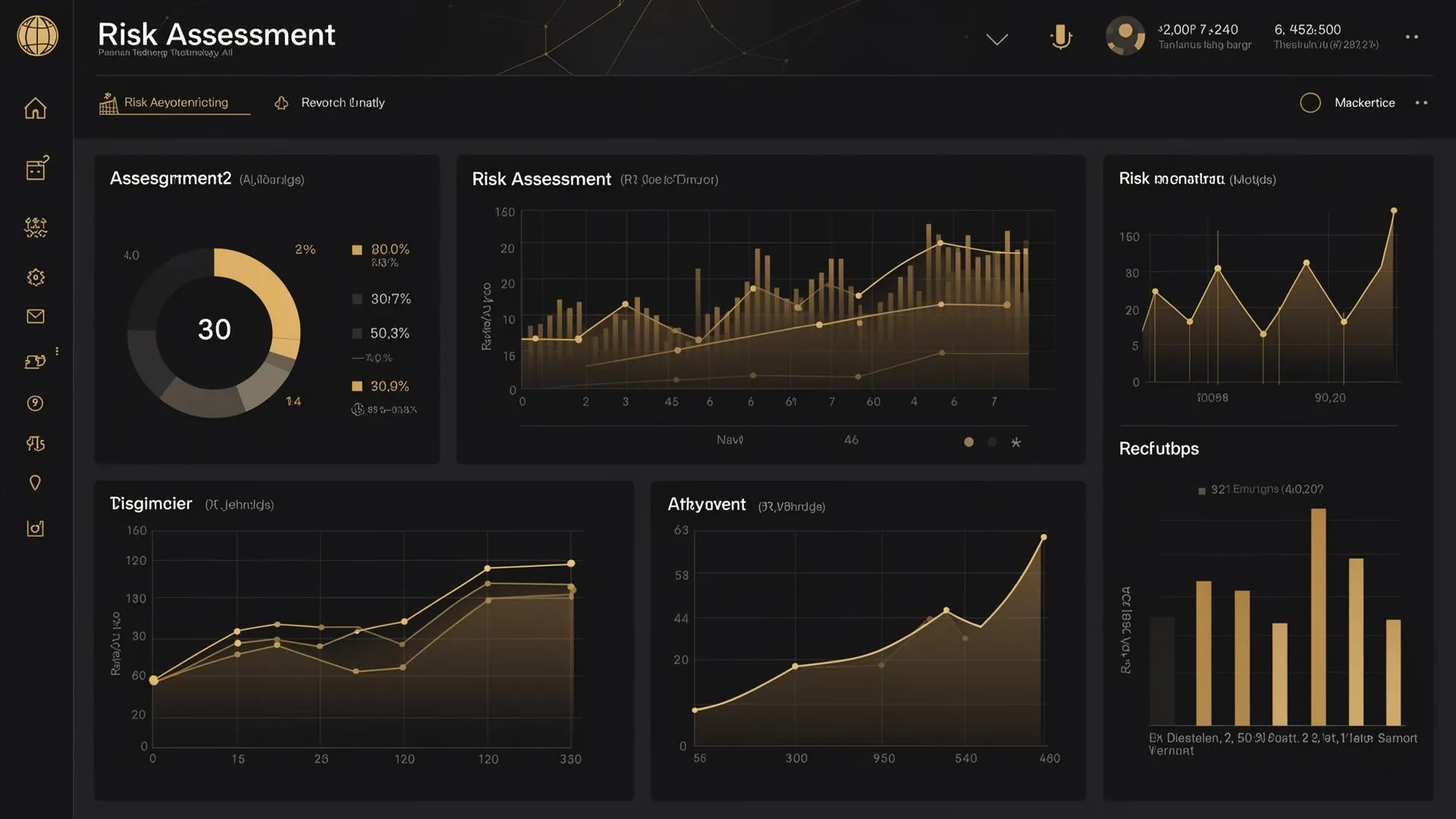 Tableau de bord « Risk Assessment » avec graphiques et indicateurs dorés sur fond sombre — analyse des risques d'une opération de promotion immobilière