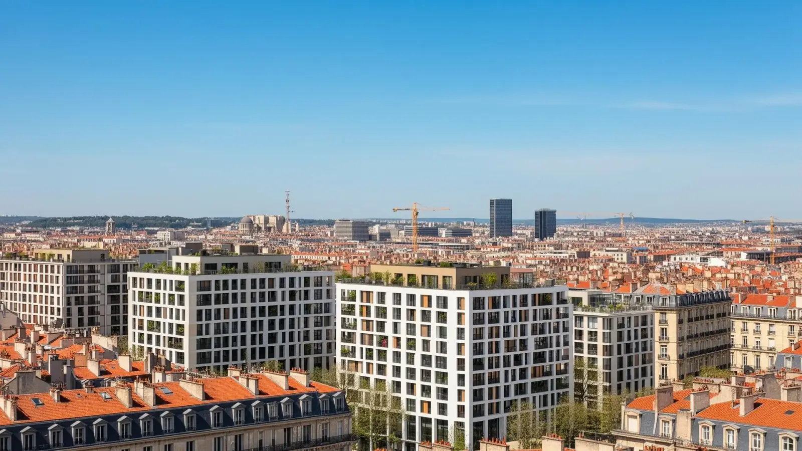 Vue panoramique d'une ville française : toits anciens en zinc et tuiles côtoyant des immeubles neufs en construction avec grues — marché de l'immobilier neuf 2026