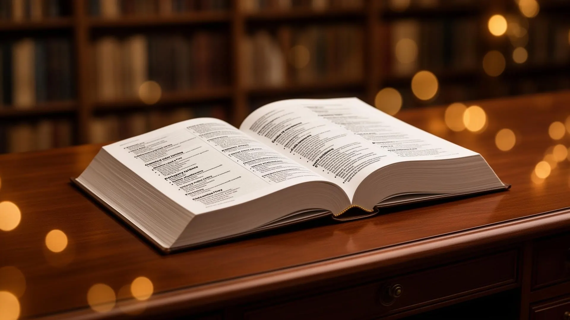 Livre épais ouvert sur un bureau en bois face à une bibliothèque éclairée — glossaire des termes de l'investissement en promotion immobilière