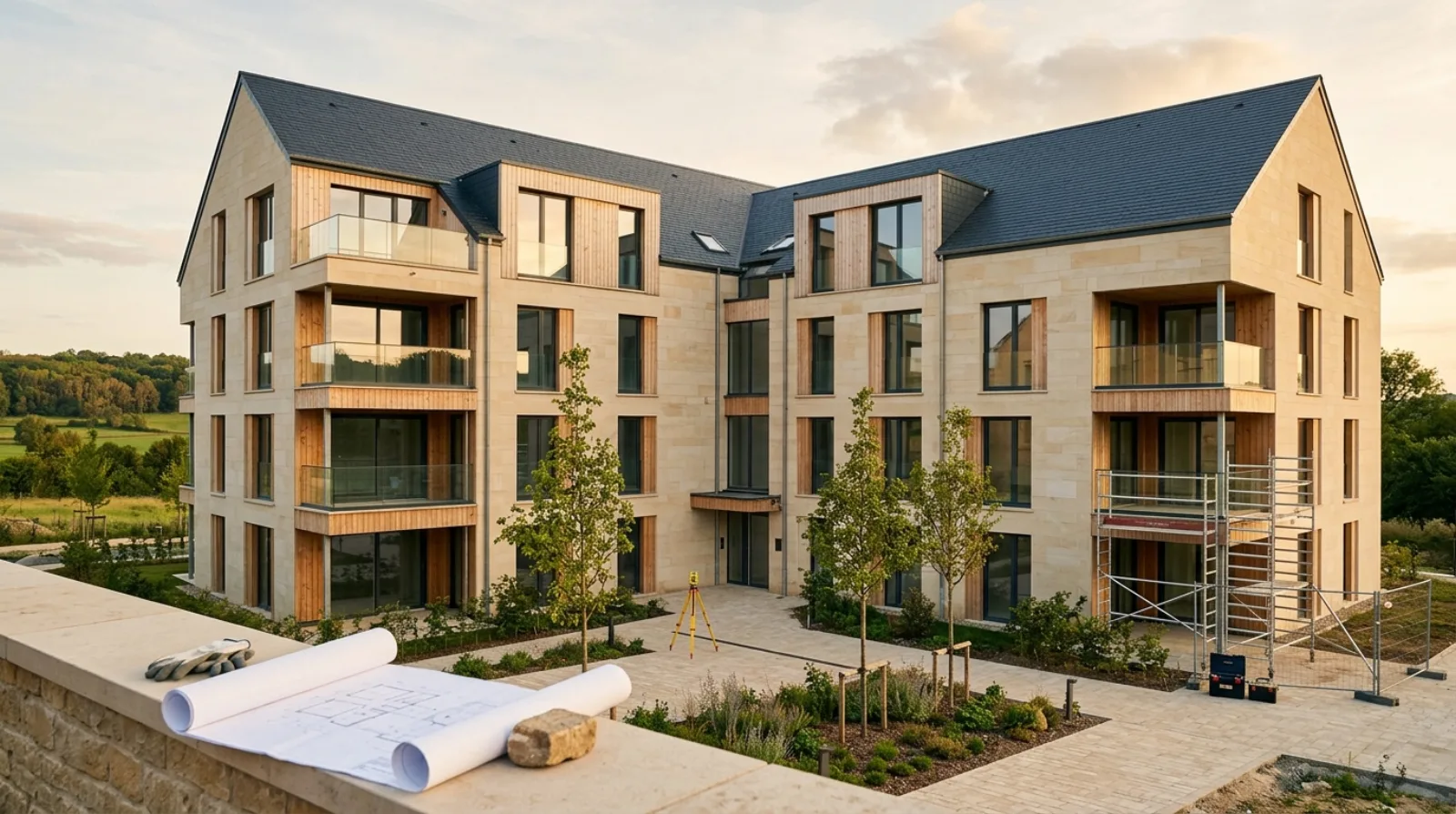 Résidence collective contemporaine en pierre et bois, Grand Est, plans d'architecte et trépied de géomètre au premier plan, échafaudage en fond.