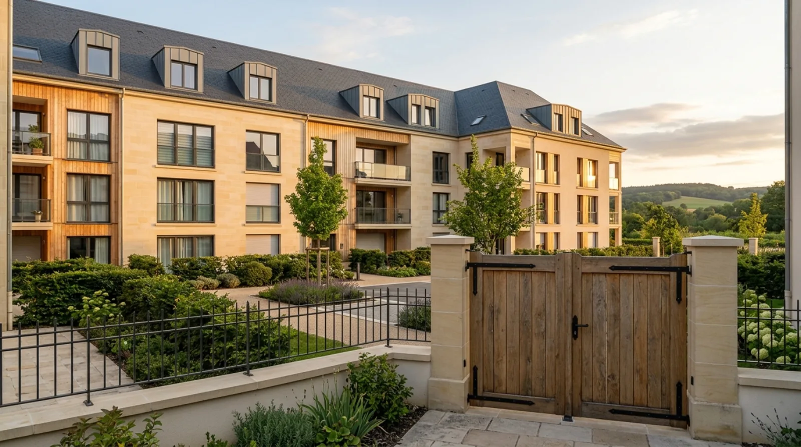 Résidence contemporaine en calcaire et bois, Grand Est, portail en bois fermé symbolisant la protection des garanties d'une obligation immobilière.