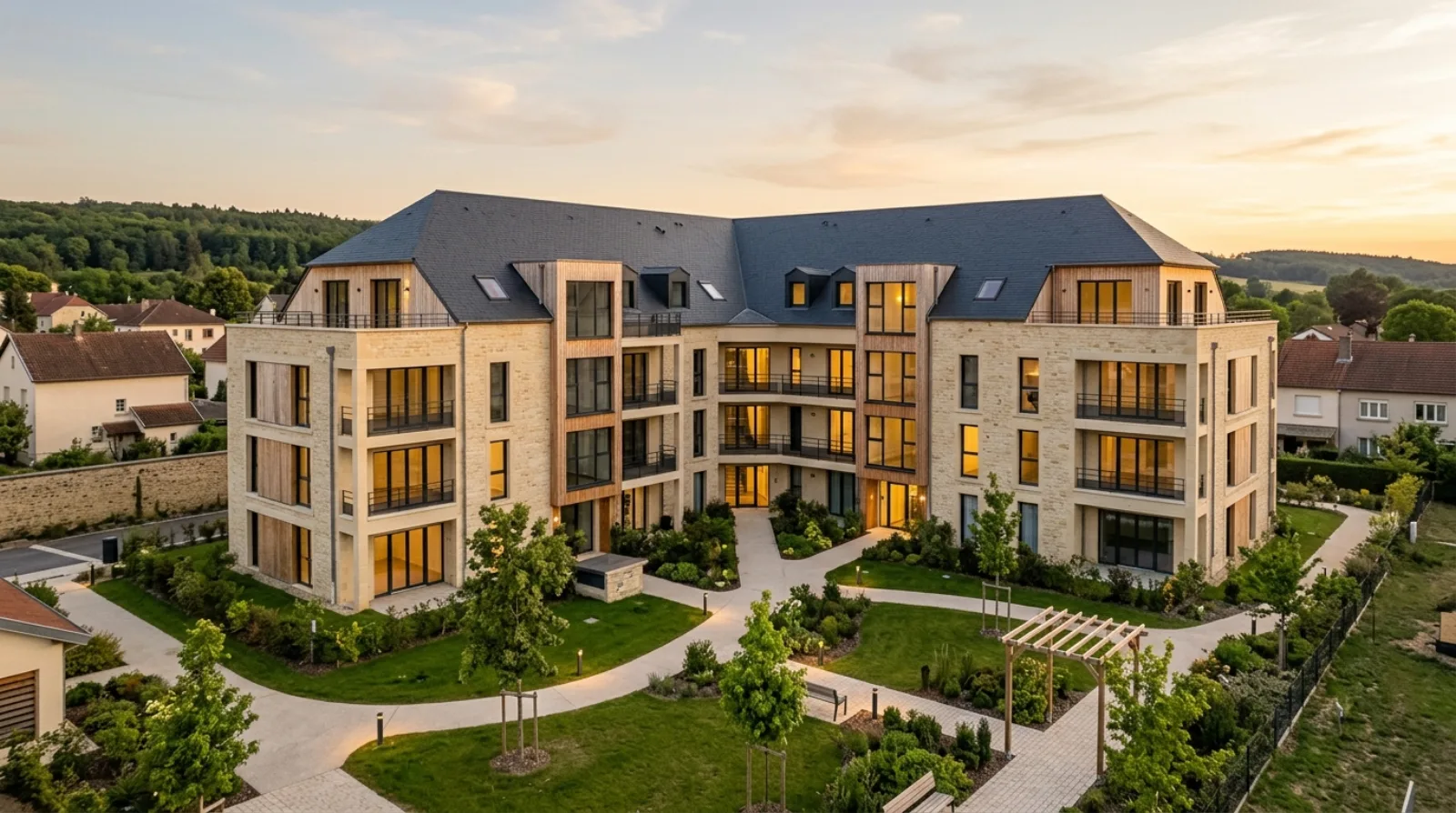 Résidence contemporaine en pierre claire et bardage bois du Grand Est à l'heure dorée, illustrant le choix d'une enveloppe fiscale sécurisée pour un investissement patrimonial.