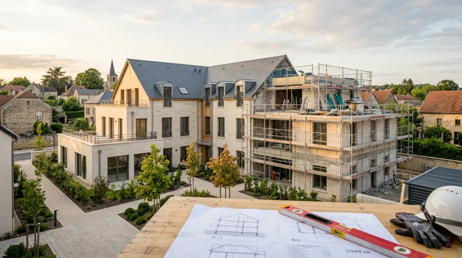 Résidence en pierre et bois du Grand Est en fin de chantier, échafaudage sur une aile, plans d'architecte et niveau à bulle au premier plan