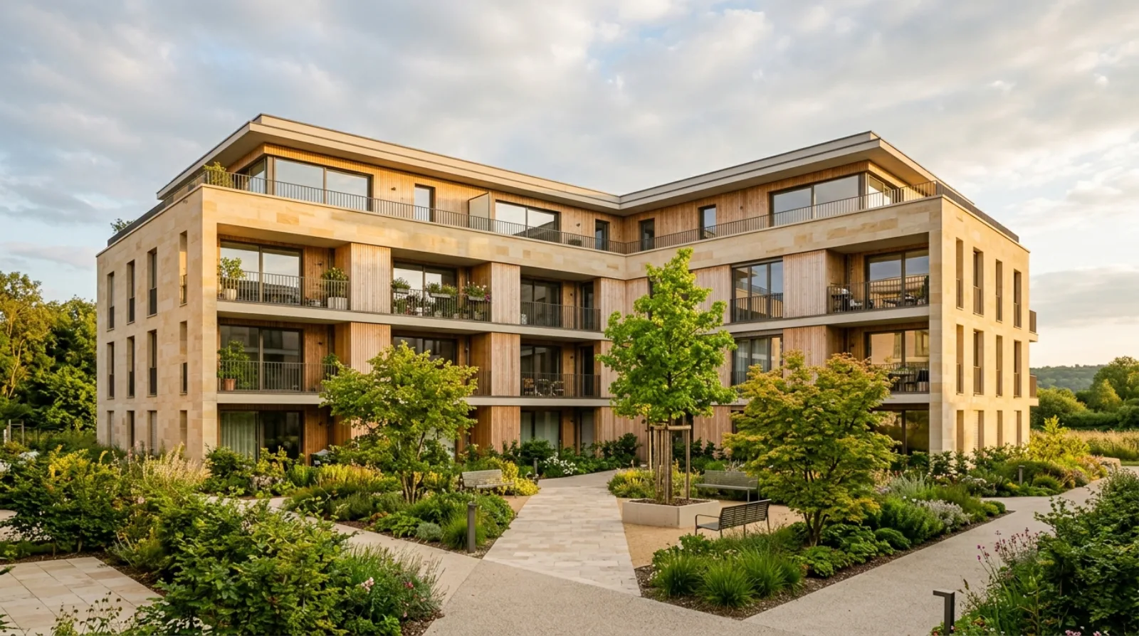 Bureau d'analyse avec plans d'architecte d'un programme résidentiel français, calculatrice financière, grille d'évaluation et stylo — illustration d'une due diligence immobilière structurée