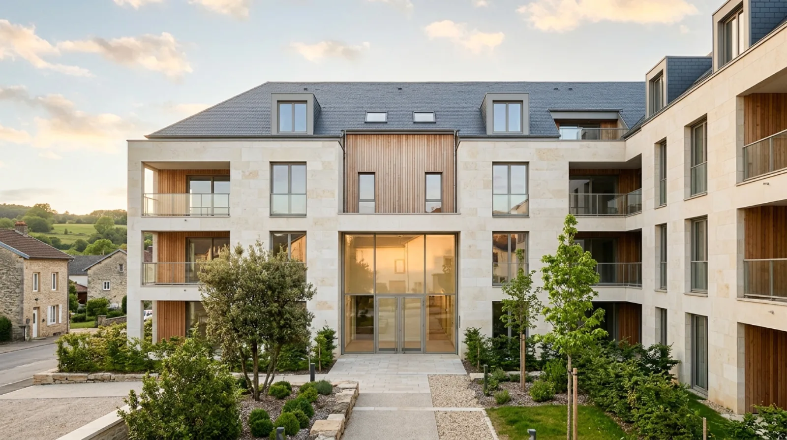 Façade d'une résidence contemporaine en pierre claire et bois dans le Grand Est, entrée vitrée baignée de lumière dorée, illustrant la vigilance et le temps de réflexion avant d'investir.