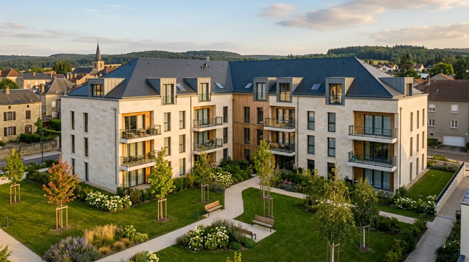 Résidence contemporaine en pierre claire et bardage bois du Grand Est, cour paysagère avec jeunes arbres et pelouse en lumière dorée.