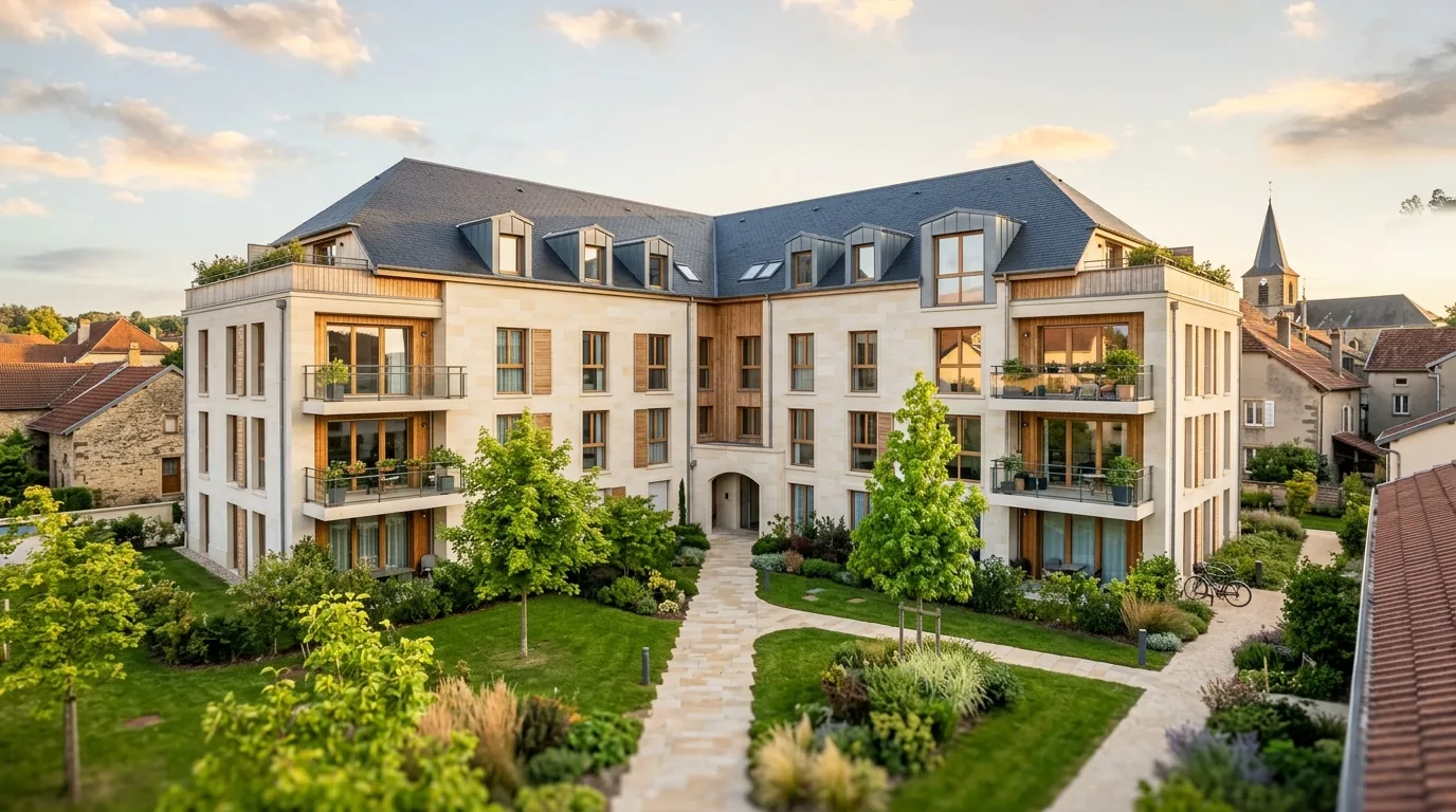 Façade d'immeuble résidentiel contemporain en pierre claire et bois, lumière dorée, symbole de solidité pour une émission obligataire immobilière.