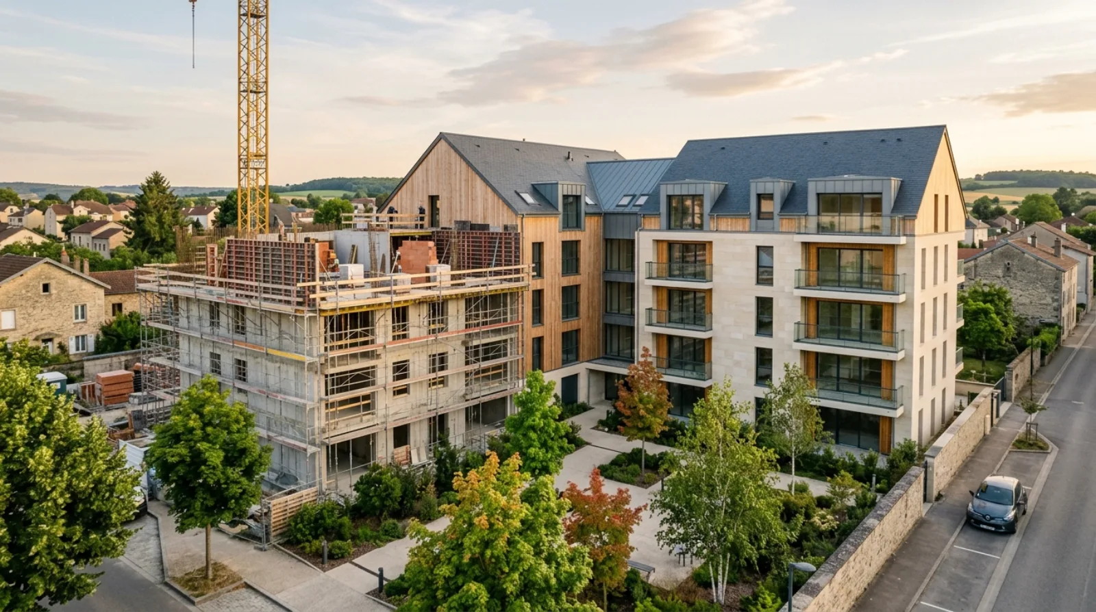 Immeuble résidentiel contemporain du Grand Est, une aile en construction sous échafaudages, l'autre achevée en pierre calcaire et bois, lumière dorée.
