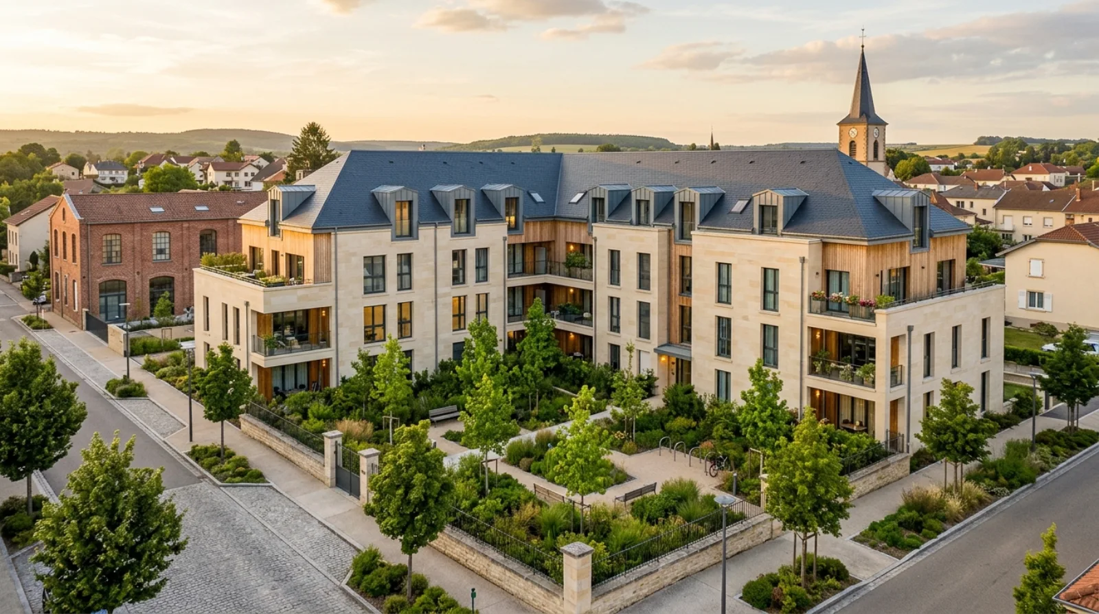 Résidence contemporaine en pierre calcaire et bois, cour paysagère arborée en lumière dorée, illustrant une construction neuve en Grand Est.