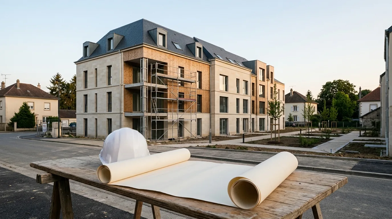 Chantier de promotion immobilière avec échafaudage, plans d'architecte enroulés et casque de chantier, illustrant la phase du permis de construire.