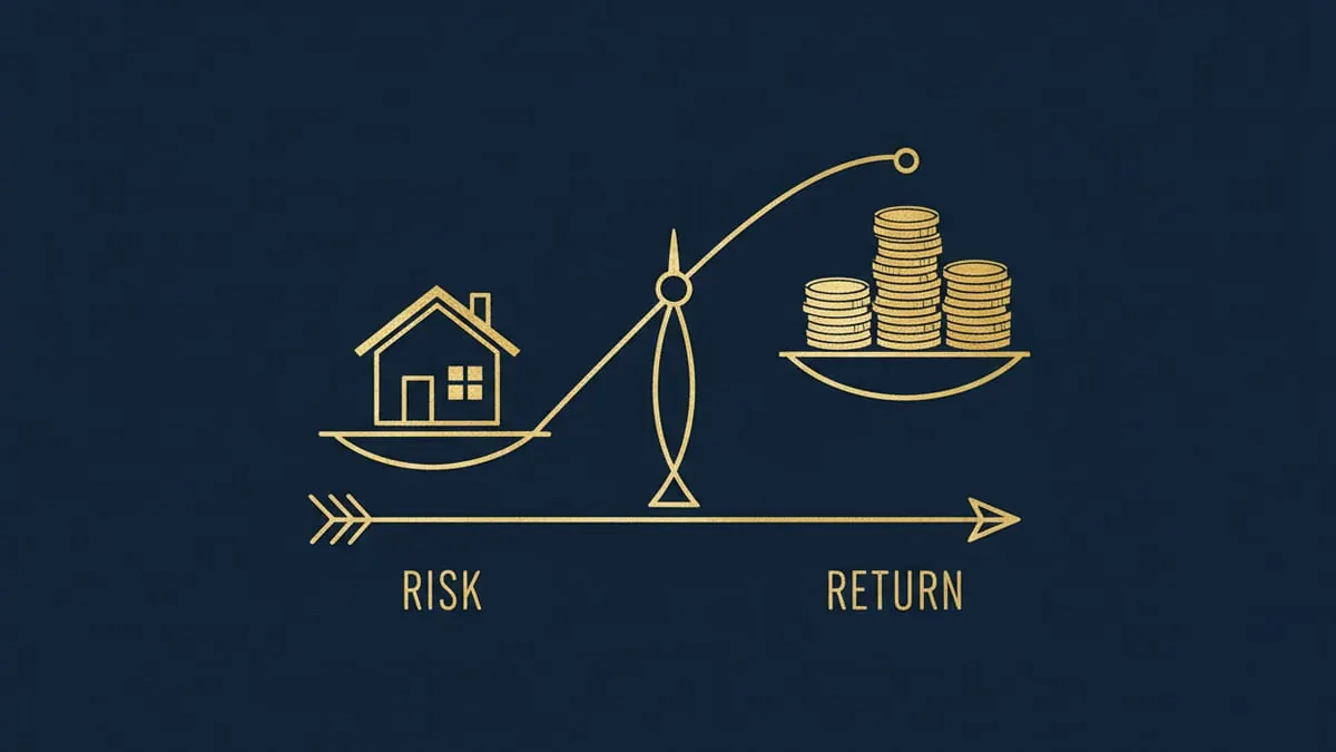 Illustration dorée sur fond bleu marine : balance penchée pesant une maison face à une pile de pièces, sous une flèche reliant les mots « Risk » et « Return » — couple rendement-risque d'une obligation immobilière