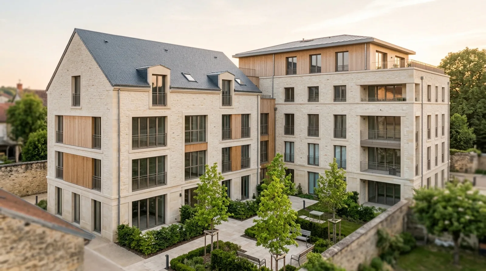 Résidence contemporaine en pierre claire et bois du Grand Est, deux volumes bâtis distincts illustrant des typologies de programmes immobiliers différentes.