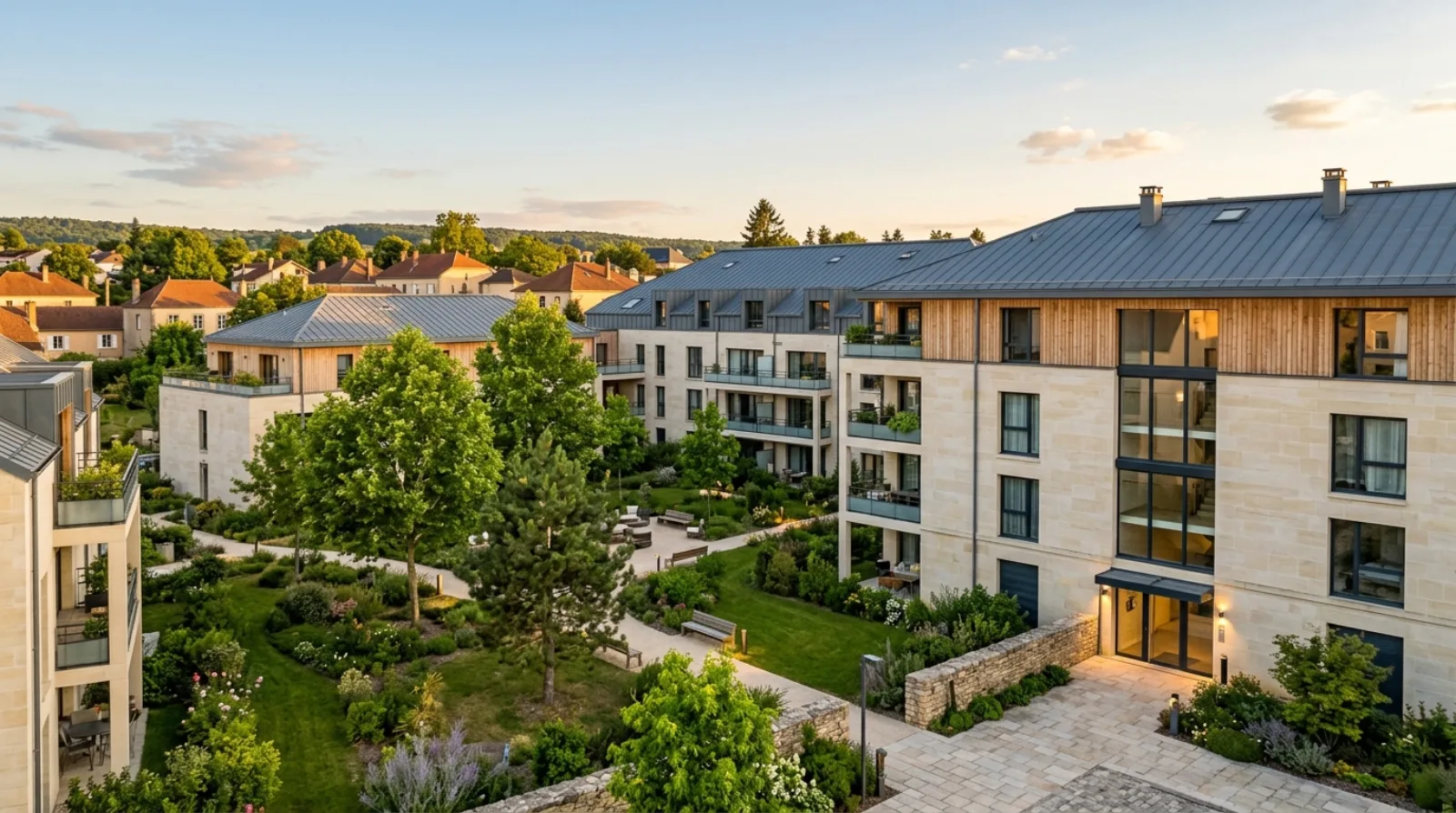 Résidence contemporaine en pierre claire et bois du Grand Est, cour intérieure paysagère arborée baignée de lumière dorée de fin de journée