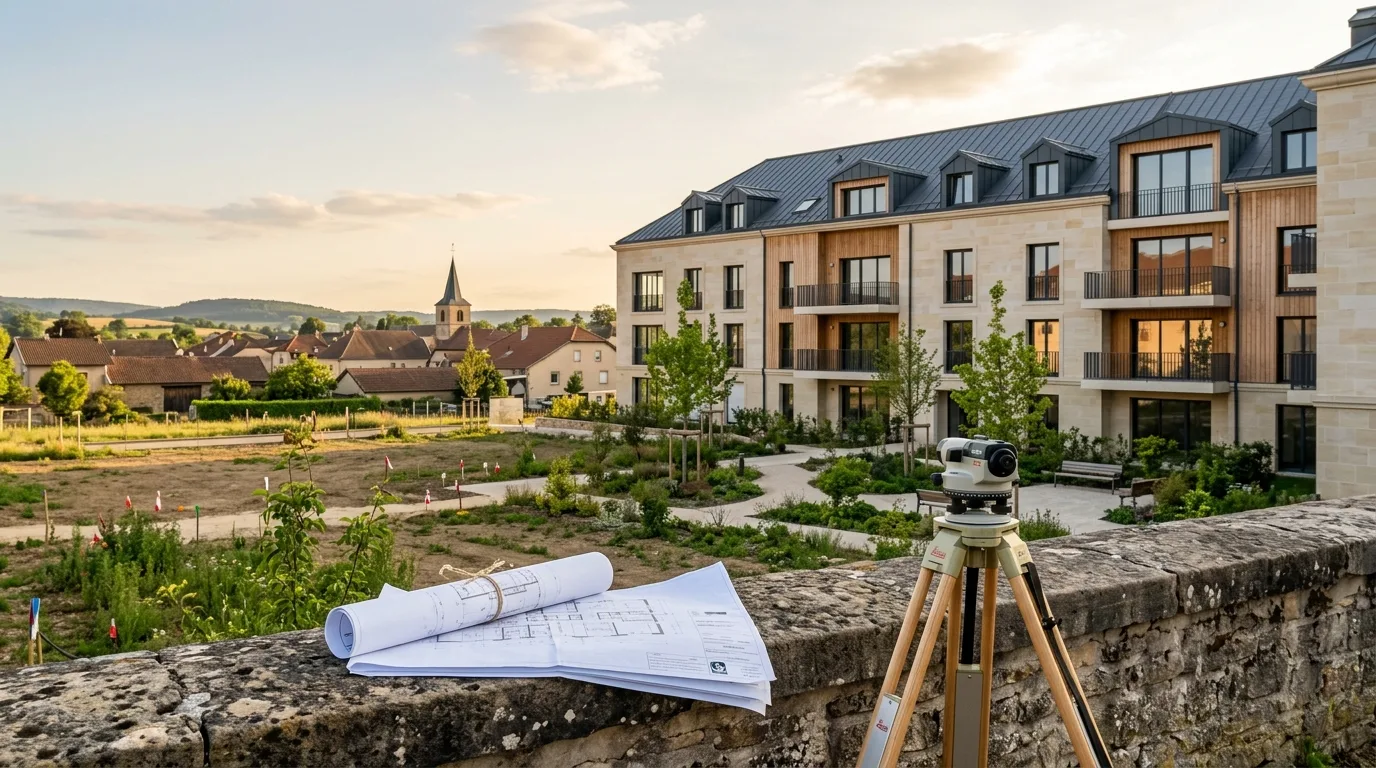 Terrain d'une future résidence en pierre claire et bois du Grand Est : plans d'architecte et niveau de géomètre avant le lancement de l'opération.