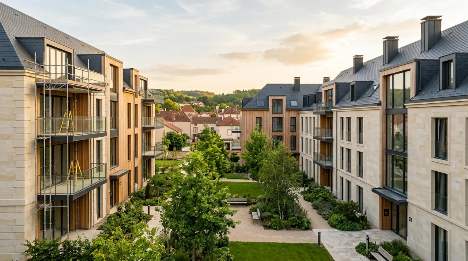 Résidence contemporaine en pierre claire et bois du Grand Est, échafaudage résiduel et cour paysagère mature : chantier proche de la livraison.