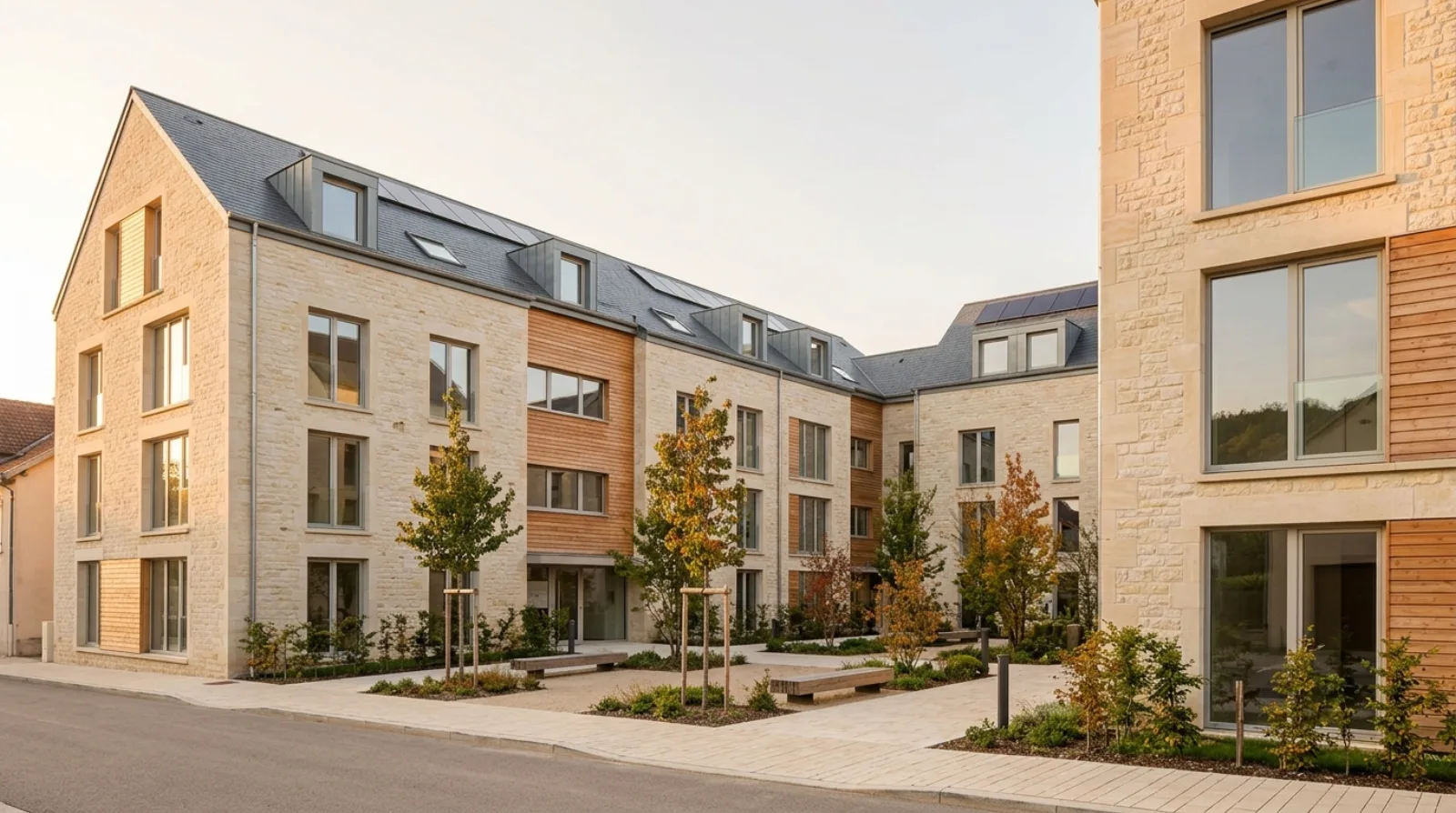 Résidence contemporaine en pierre claire et bardage bois du Grand Est, cour paysagère arborée, panneaux solaires discrets en toiture, lumière dorée de fin de journée illustrant la performance énergétique d'un programme neuf.